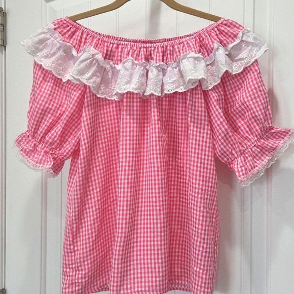 3 Big Notes Vintage Pink Gingham off the shoulder blouse, MEDIUM - Picture 1 of 6